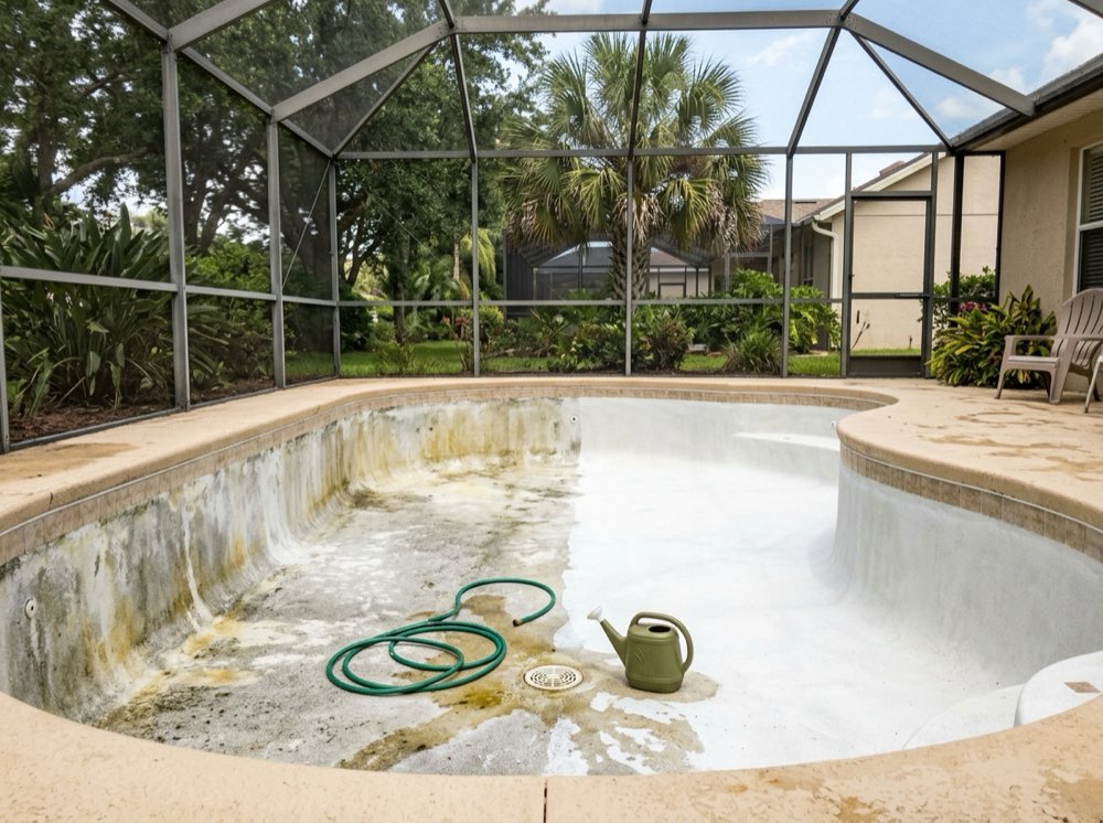 Drained pool mid acid wash, half the plaster floor cleaned and half still stained