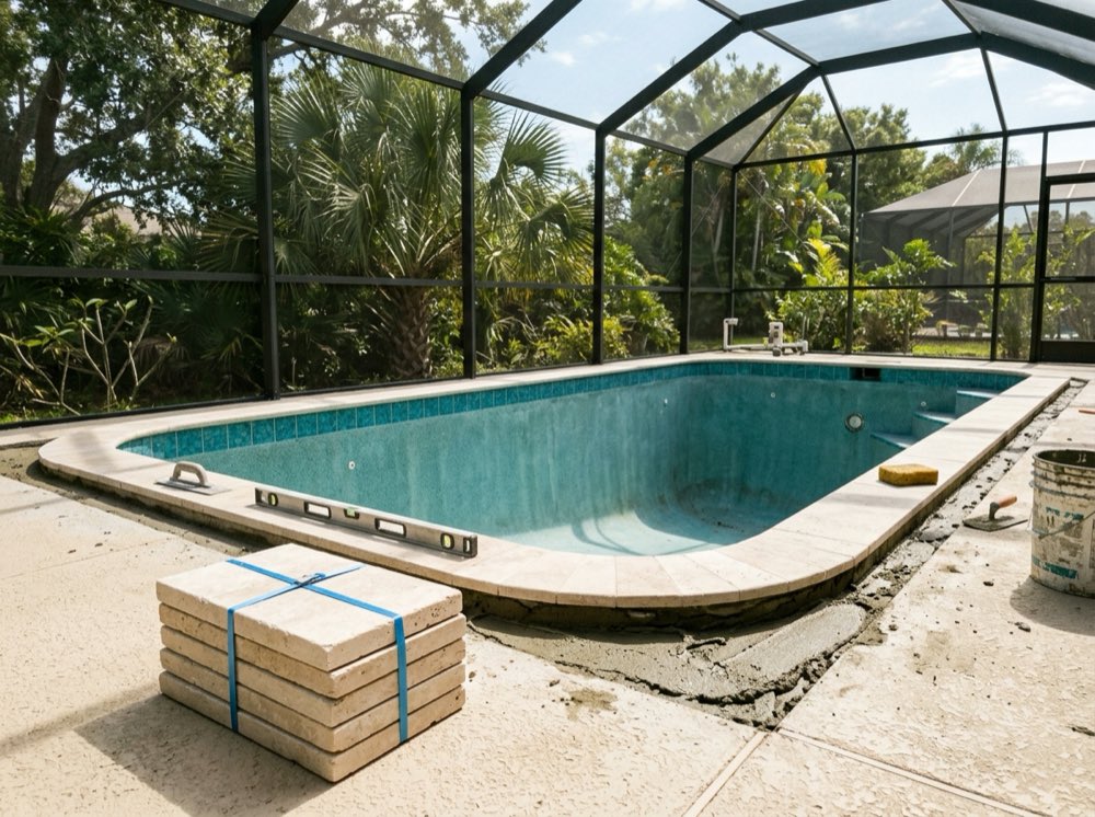 New travertine coping being laid around a drained pool, with stones stacked on the deck