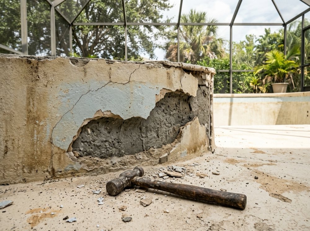 Delaminated plaster chipped away from a pool wall, exposing the grey shell beneath