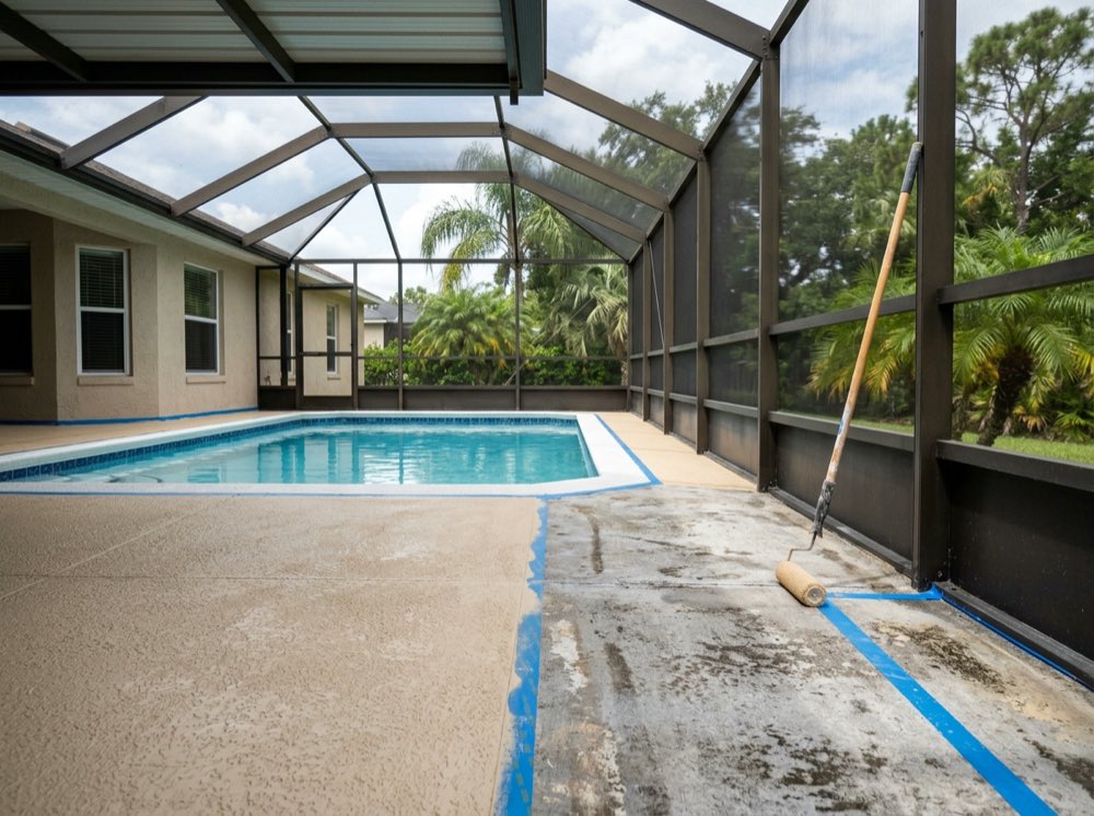 Pool deck half recoated in a sand-colored spray texture, half still old grey concrete
