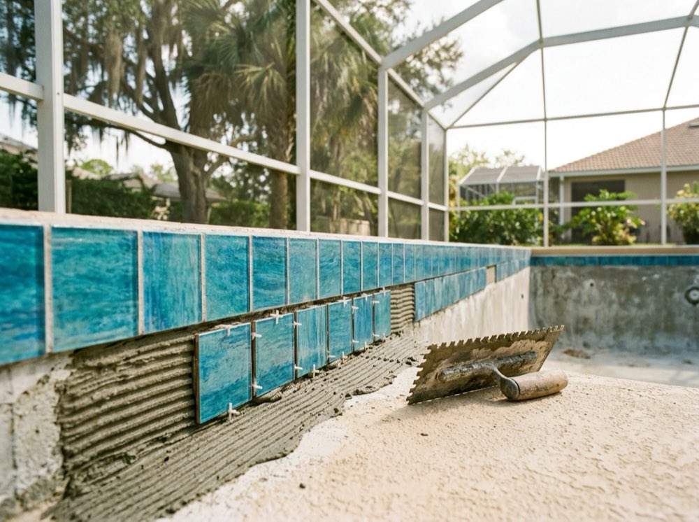 New blue waterline tile being set with spacers along the top of a drained pool